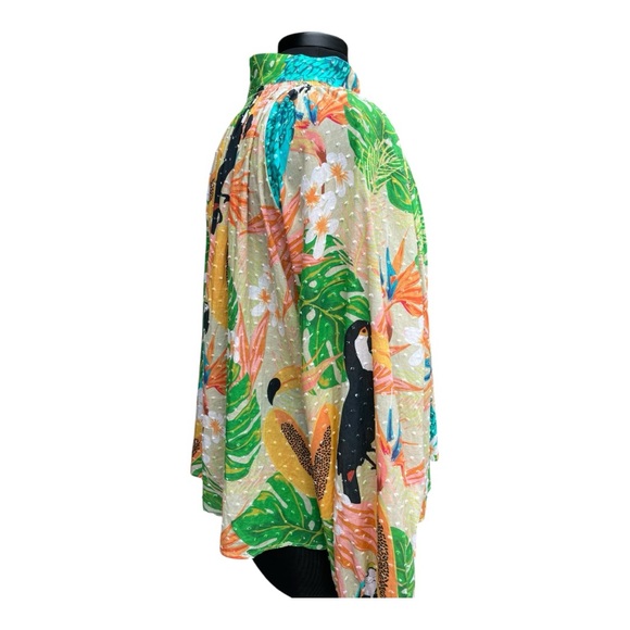 Farm Rio Helena Clip Dot Cotton Blouse Palms Parrots Print Anthropologie Sz L - Picture 4 of 12